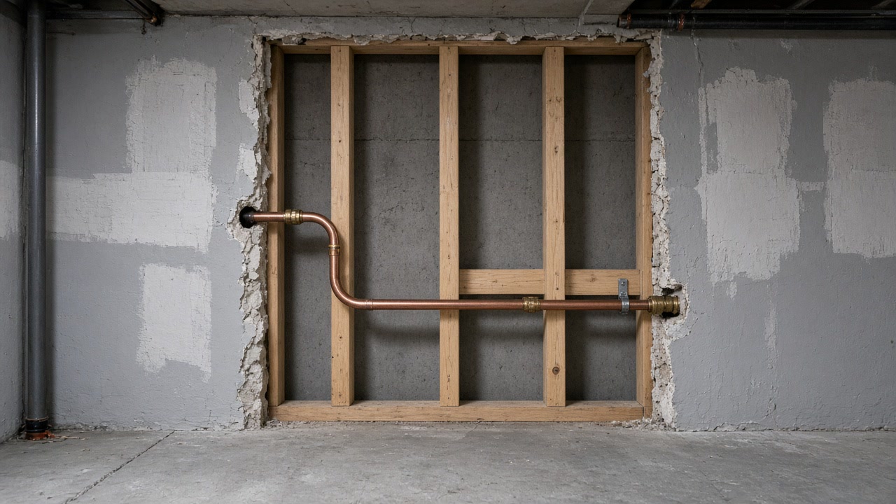 Neatly opened basement wall exposing a repaired copper line and studs