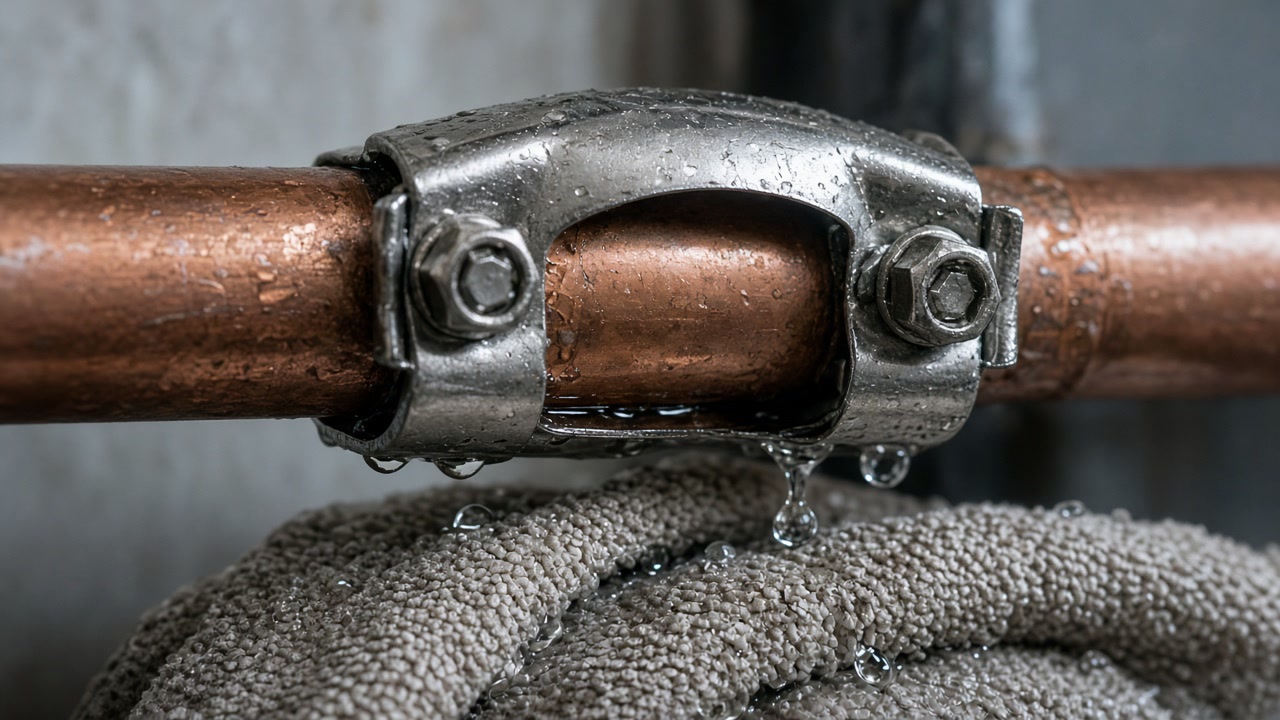 Stainless repair clamp bolted over a copper pipe with a towel catching drips