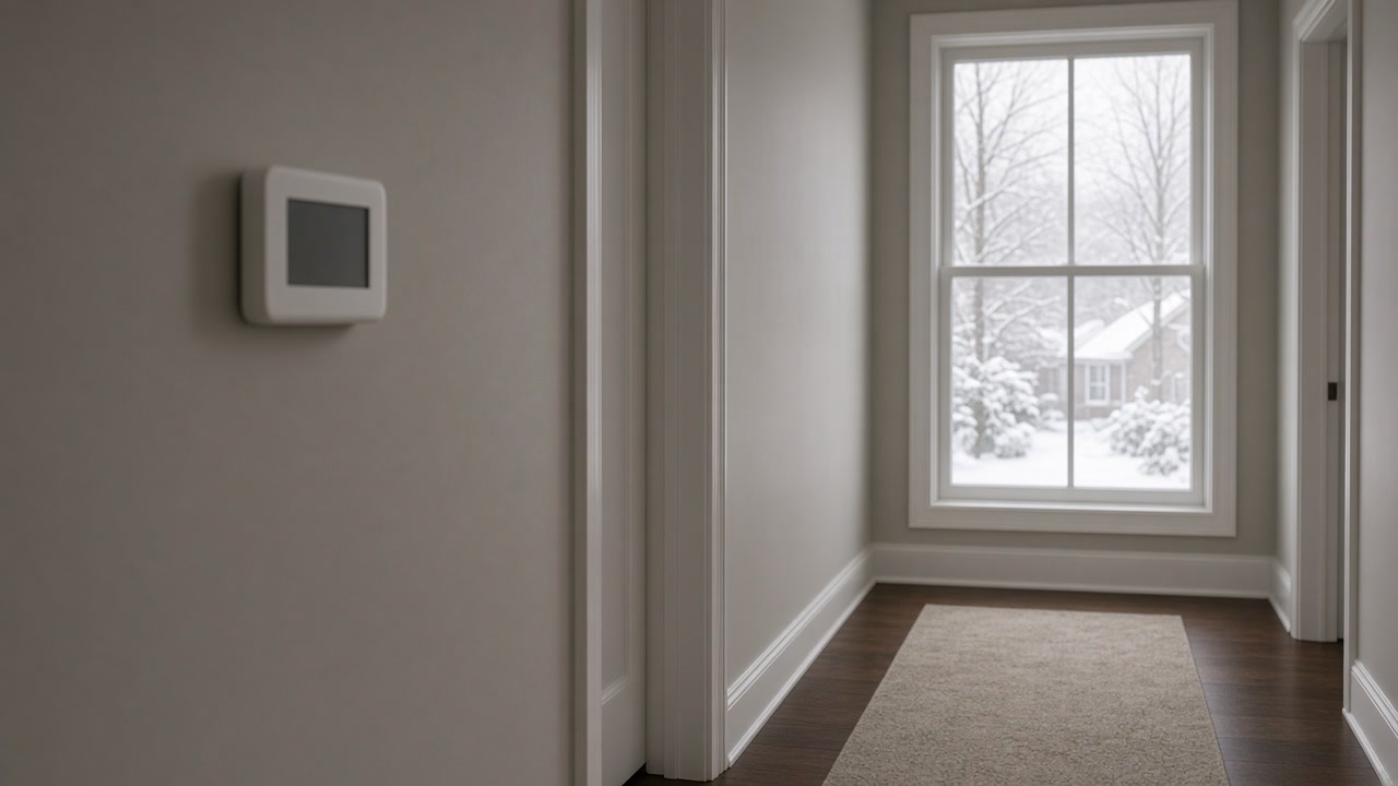 Blank hallway thermostat with a snowy window beyond