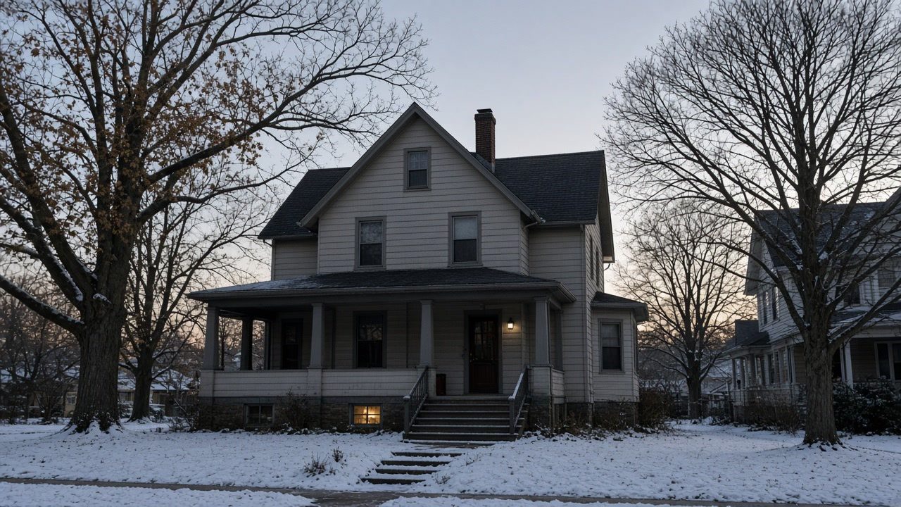 Early-20th-century Syracuse two-story wood-frame house at winter dusk with porch, snow, and a lit basement window