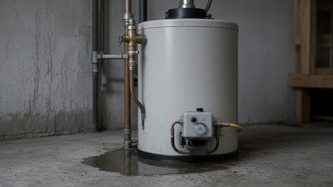 Tank water heater with a shallow puddle at the base and a sharp inlet valve
